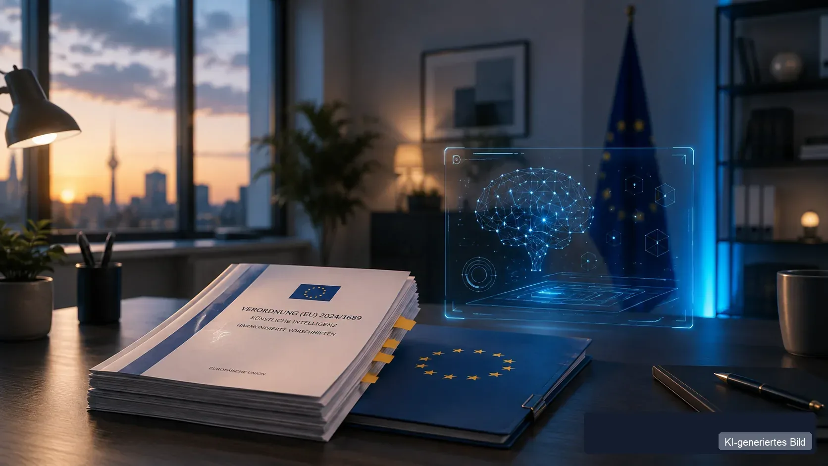 Modern German office desk with a glowing AI interface beside official EU and German regulation documents