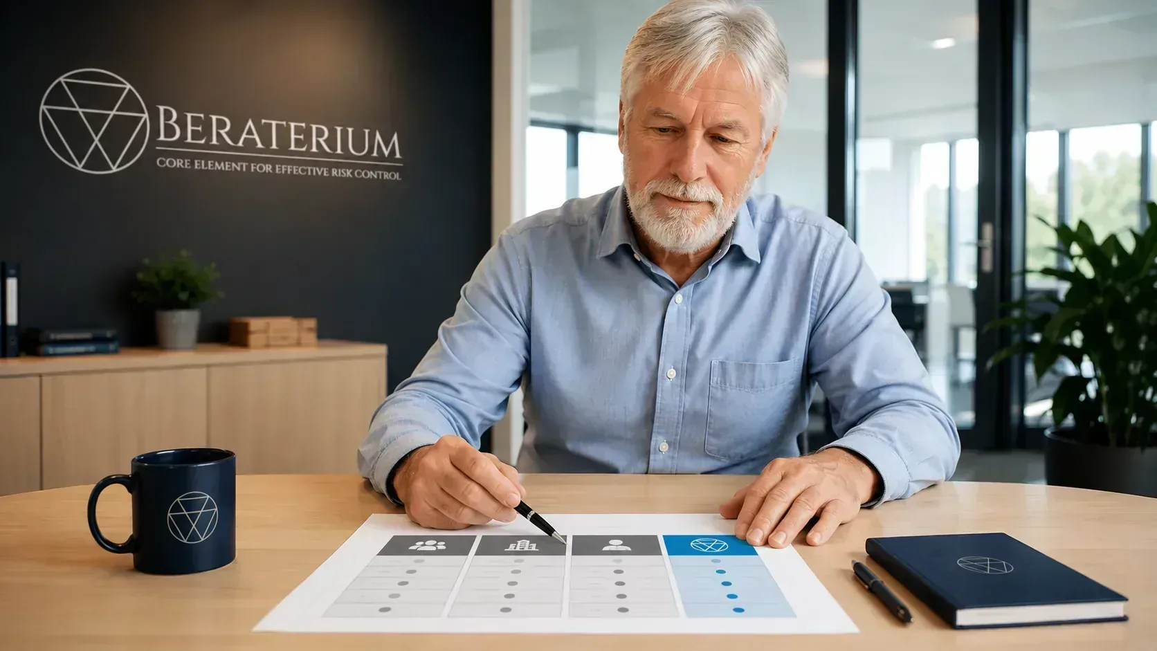 Mid-market managing director comparing risk management providers at a meeting table with a comparison chart